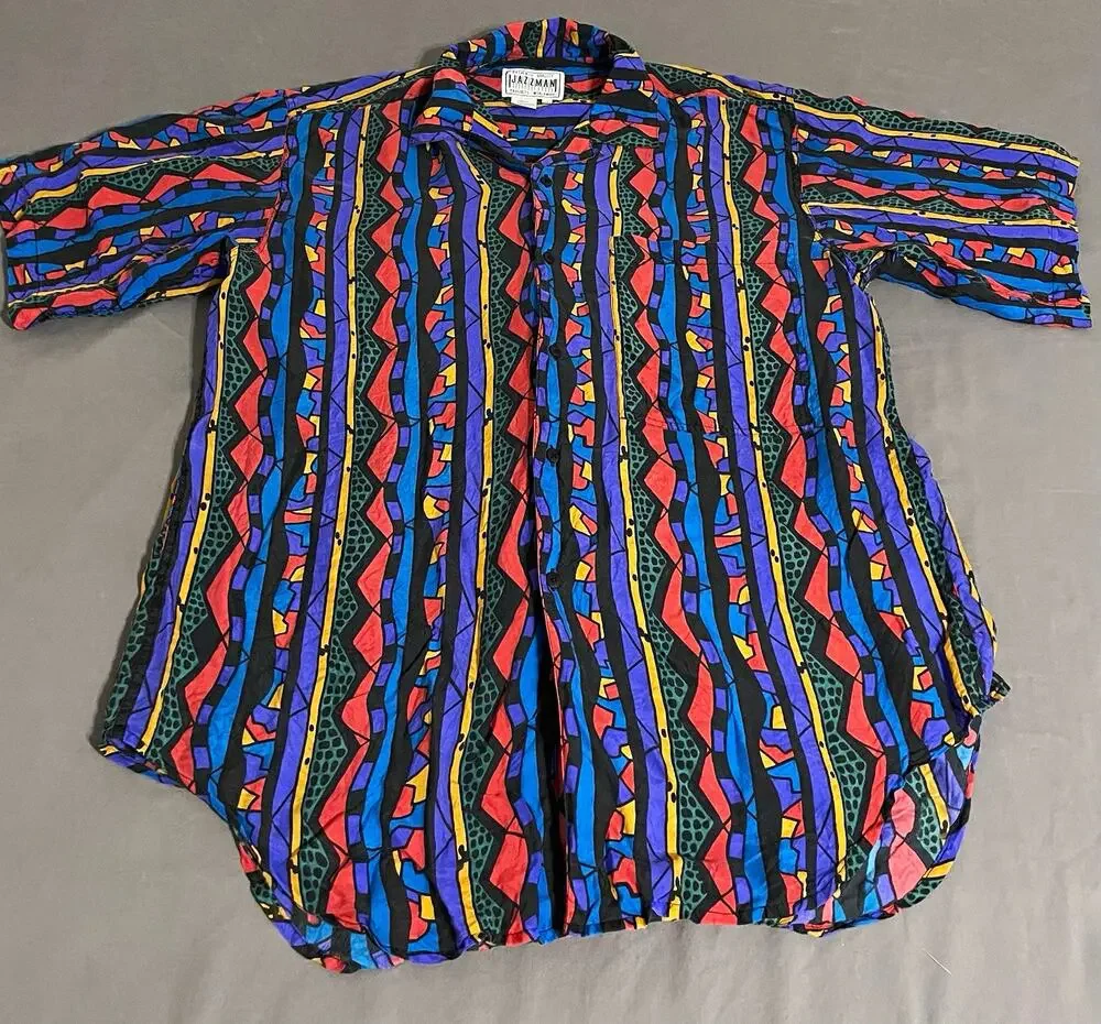 Vintage Jazzman Mens M 100% Silk Shirt Abstract Geometric 80s 90s Button Up